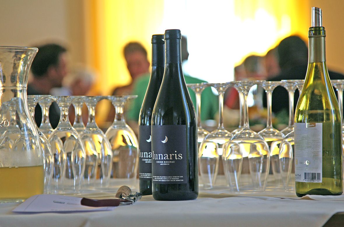 Stiftung Fintan - Gastro Fintan - Wein, Weingläser mit Menschen im Hintergrund